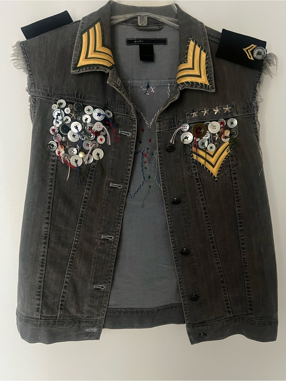 Marc Jacobs Distressed Gray Denim Sleeveless Jacket with Yellow Chevron Patches